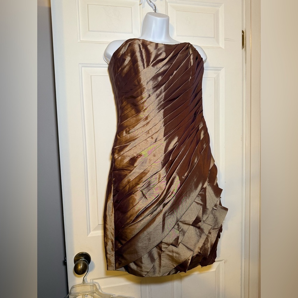 Impression Sz 12 Shimmery Mocha Rose Mini Dress Strapless Ruche Formal Prom